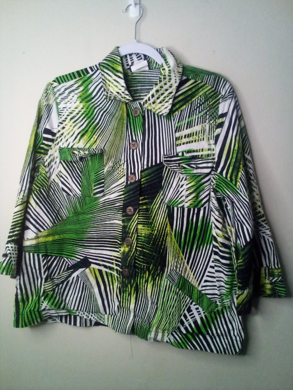 Southern Lady Blouse Women L 3/4 Sleeve Button Up Tropical Beach Green